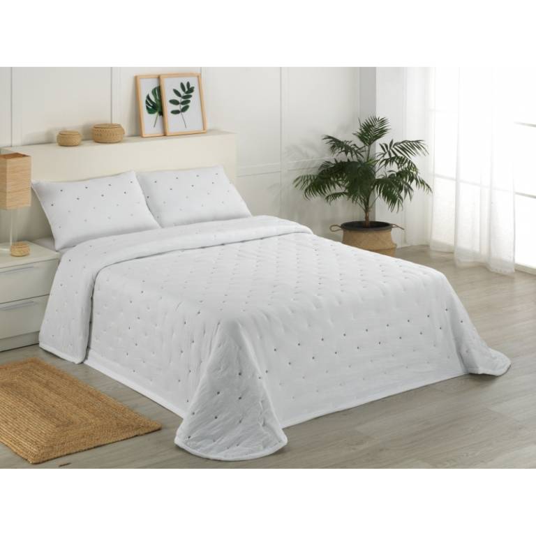 CONJUNTO COLCHA BORDADA TOPITOS Y FUNDAS DE COJÍN (blanco, Cama 180:280x270)