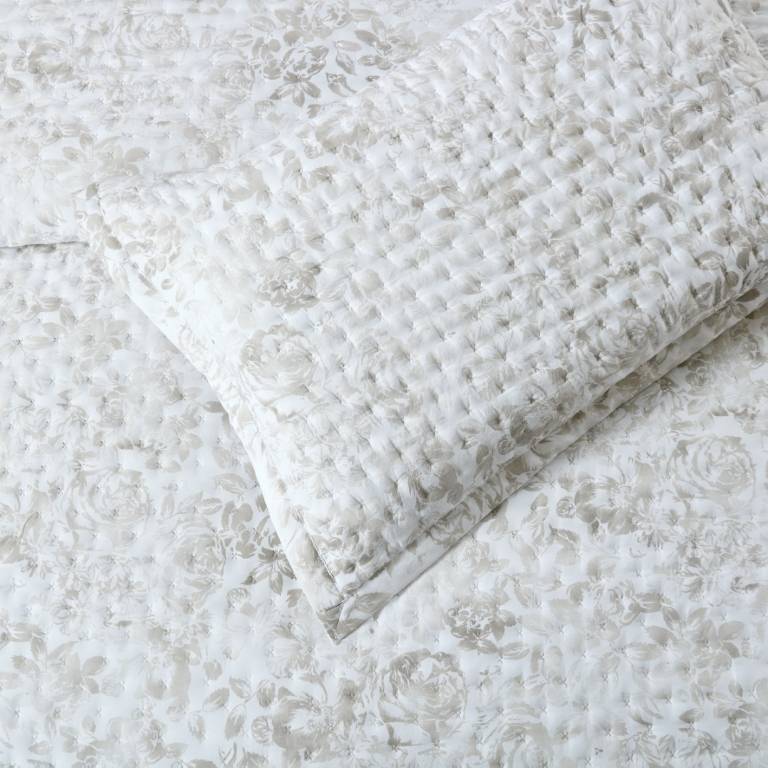 CONJUNTO COLCHA ESTAMPADO DE FLORES Y FUNDAS DE COJÍN (beige, Cama 105:200x270)