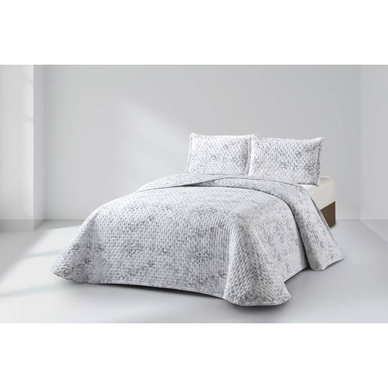 CONJUNTO COLCHA ESTAMPADO DE FLORES Y FUNDAS DE COJÍN (gris, Cama 105:200x270)