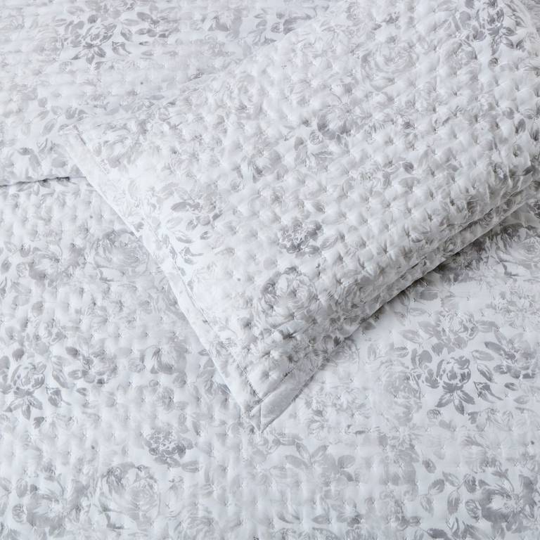 CONJUNTO COLCHA ESTAMPADO DE FLORES Y FUNDAS DE COJÍN (gris, Cama 105:200x270)