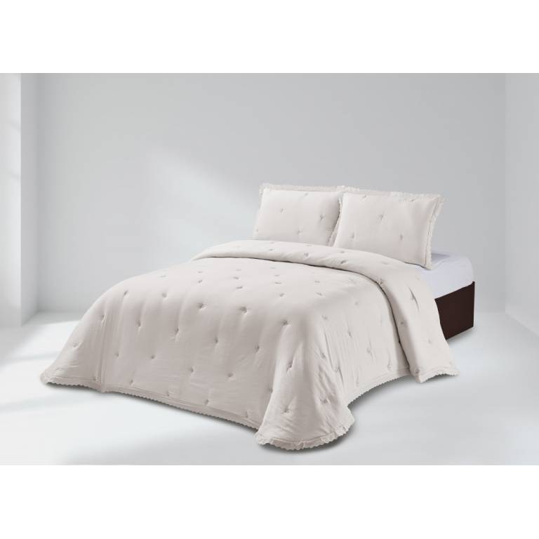 CONJUNTO EDREDÓN BORDADO FLORES CONTRASTE Y FUNDAS DE COJÍN (natural, Cama 135:235x270)