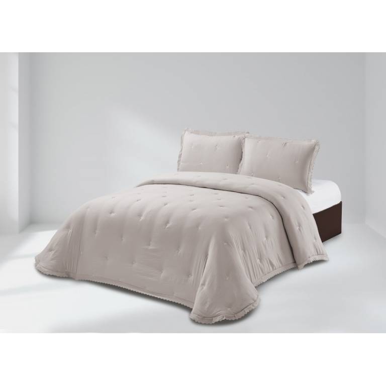 CONJUNTO EDREDÓN BORDADO FLORES CONTRASTE Y FUNDAS DE COJÍN (beige, Cama 135:235x270)