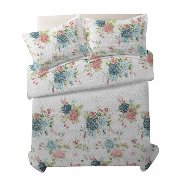 CONJUNTO COLCHA BOUTI ESTAMPADO DE FLORES Y FUNDAS DE COJIN (azul, Cama 135:235x270)