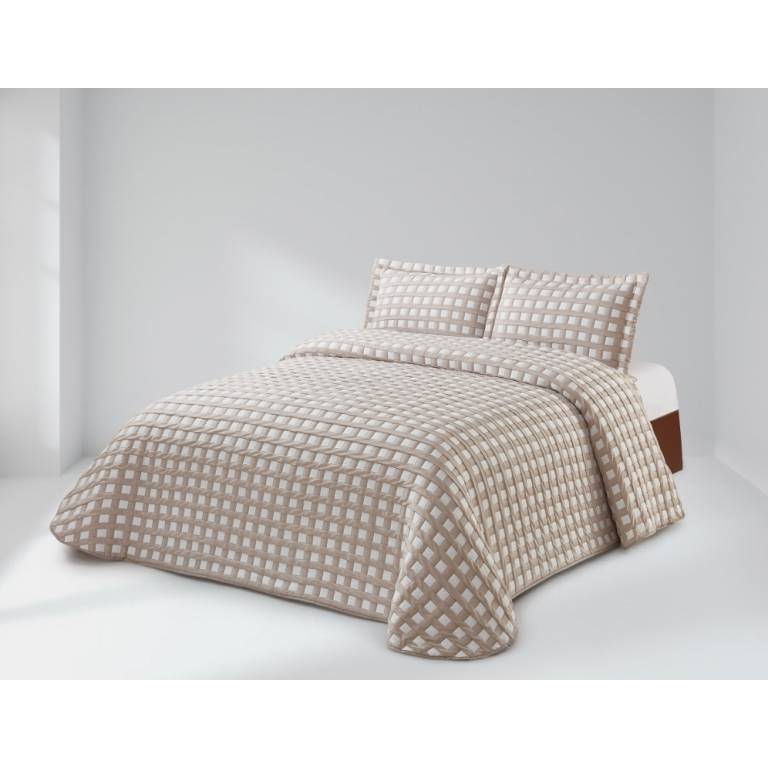 CONJUNTO COLCHA CUADRITOS PIQUÉ Y FUNDAS DE COJÍN (beige, Cama 105:200x270)