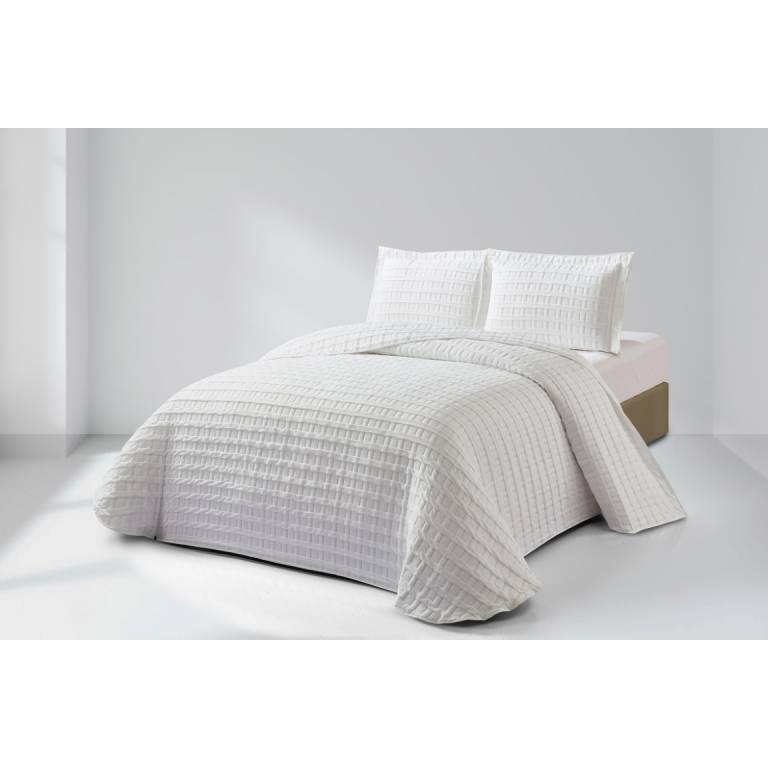 CONJUNTO COLCHA CUADRITOS PIQUÉ Y FUNDAS DE COJÍN (blanco, Cama 150:250x270)