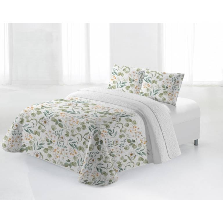 CONJUNTO COLCHA BOUTI ESTAMPADO DE FLORES Y FUNDAS DE COJIN (verde, Cama 135:235x270)