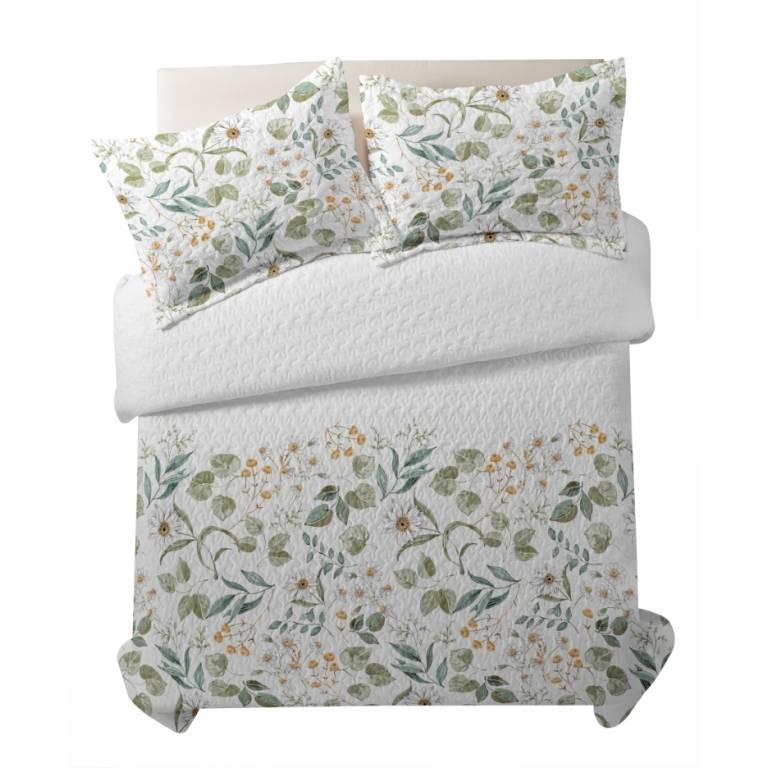 CONJUNTO COLCHA BOUTI ESTAMPADO DE FLORES Y FUNDAS DE COJIN (verde, Cama 135:235x270)