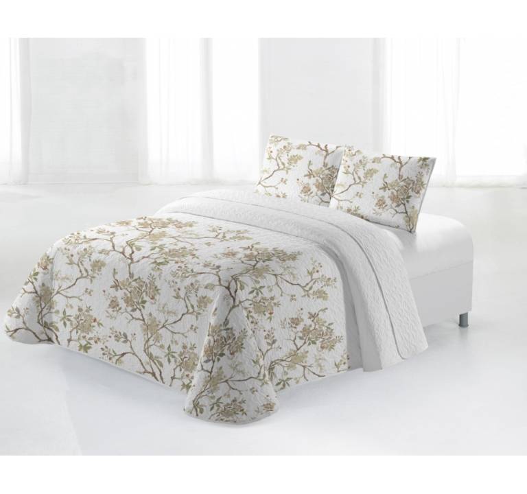 CONJUNTO COLCHA BOUTI ESTAMPADO DE FLORES Y FUNDAS DE COJIN