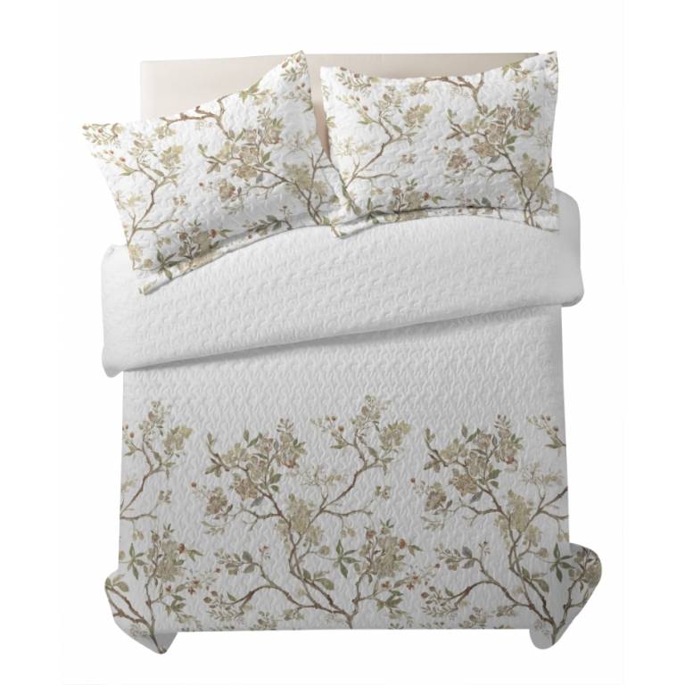 CONJUNTO COLCHA BOUTI ESTAMPADO DE FLORES Y FUNDAS DE COJIN (beige, Cama 135:235x270)