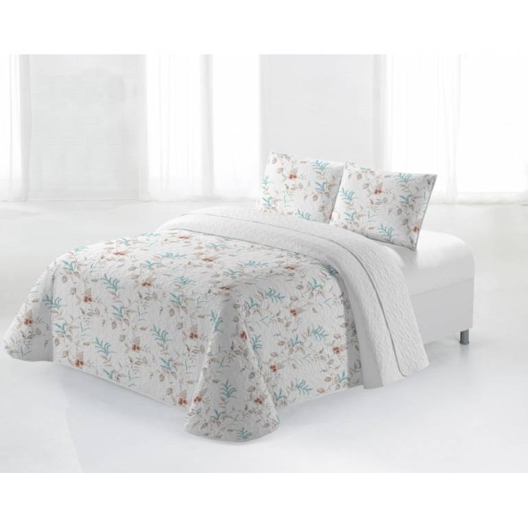 CONJUNTO COLCHA BOUTI ESTAMPADO DE FLORES Y FUNDAS DE COJIN (turquesa, Cama 135:235x270)