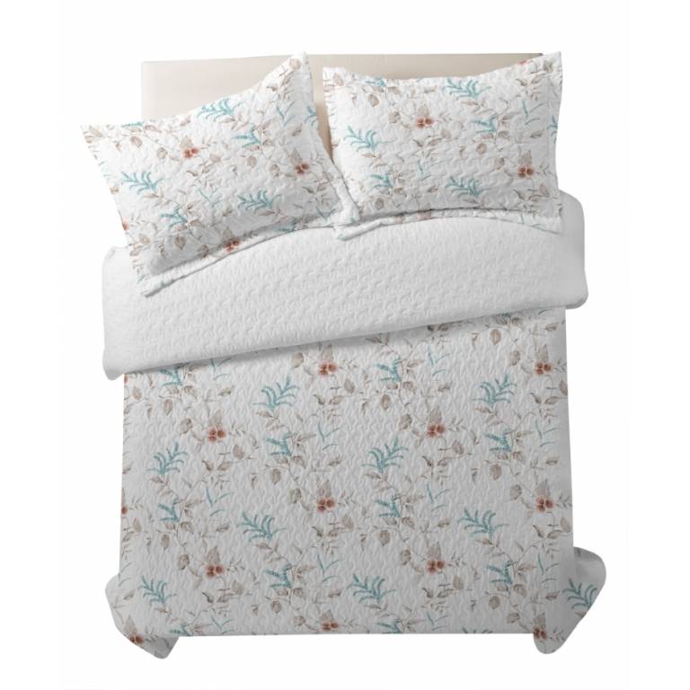 CONJUNTO COLCHA BOUTI ESTAMPADO DE FLORES Y FUNDAS DE COJIN (turquesa, Cama 135:235x270)
