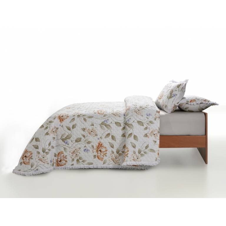 CONJUNTO COLCHA BOUTI ESTAMPADO DE FLORES CON PUNTILLA Y FUNDAS DE COJIN (nude, Cama 090:180x270)