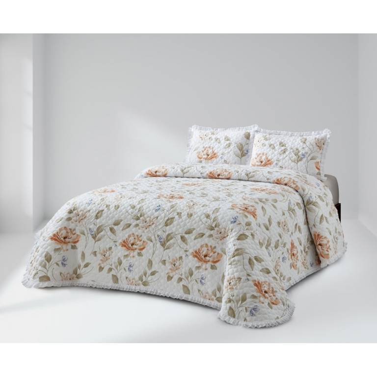 CONJUNTO COLCHA BOUTI ESTAMPADO DE FLORES CON PUNTILLA Y FUNDAS DE COJIN (nude, Cama 090:180x270)