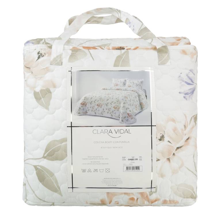 CONJUNTO COLCHA BOUTI ESTAMPADO DE FLORES CON PUNTILLA Y FUNDAS DE COJIN (nude, Cama 090:180x270)