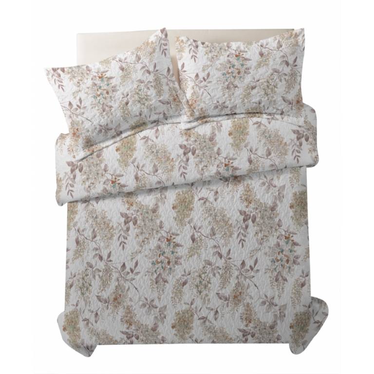 CONJUNTO COLCHA BOUTI ESTAMPADO DE FLORES Y FUNDAS DE COJIN (beige, Cama 135:235x270)