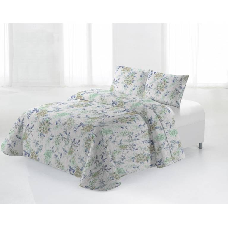 CONJUNTO COLCHA BOUTI ESTAMPADO DE FLORES Y FUNDAS DE COJIN (Cama 135:235x270, AQUA)