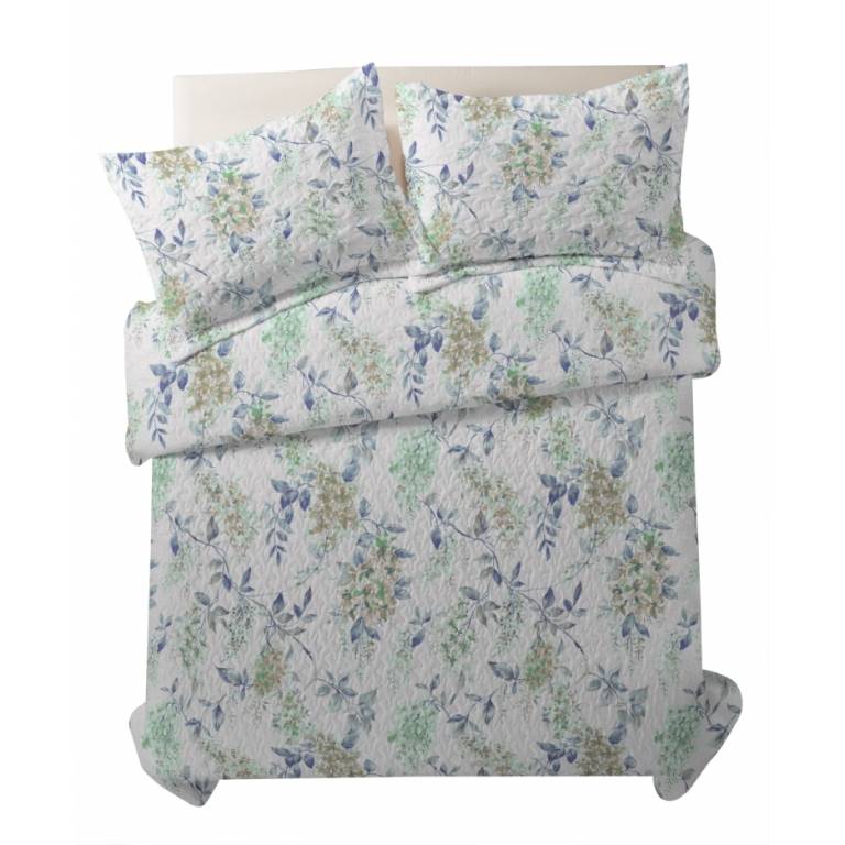 CONJUNTO COLCHA BOUTI ESTAMPADO DE FLORES Y FUNDAS DE COJIN (Cama 135:235x270, AQUA)