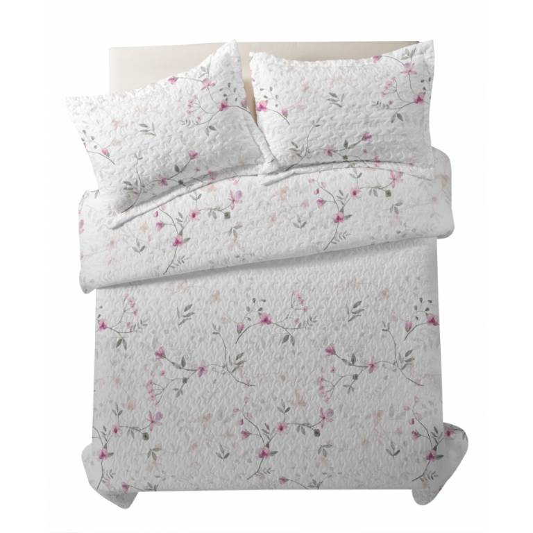 CONJUNTO COLCHA BOUTI ESTAMPADO DE FLORES Y FUNDAS DE COJIN (rosa, Cama 090:180x270)
