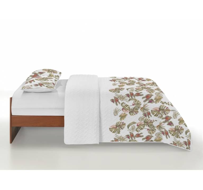 CONJUNTO COLCHA BOUTI ESTAMPADO TROPICAL Y FUNDAS DE COJIN