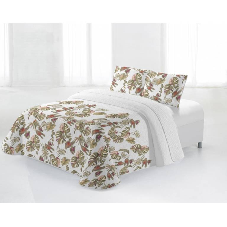 CONJUNTO COLCHA BOUTI ESTAMPADO TROPICAL Y FUNDAS DE COJIN (verde, Cama 135:235x270)