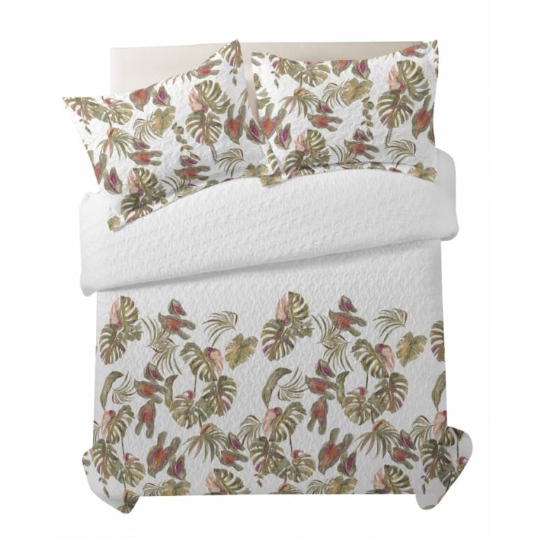 CONJUNTO COLCHA BOUTI ESTAMPADO TROPICAL Y FUNDAS DE COJIN (verde, Cama 135:235x270)