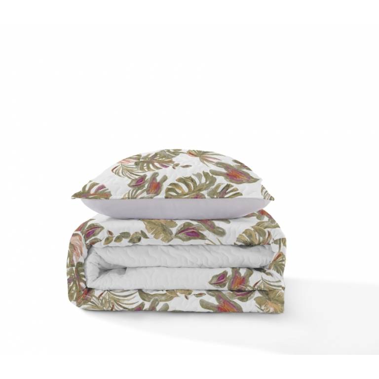 CONJUNTO COLCHA BOUTI ESTAMPADO TROPICAL Y FUNDAS DE COJIN (verde, Cama 135:235x270)