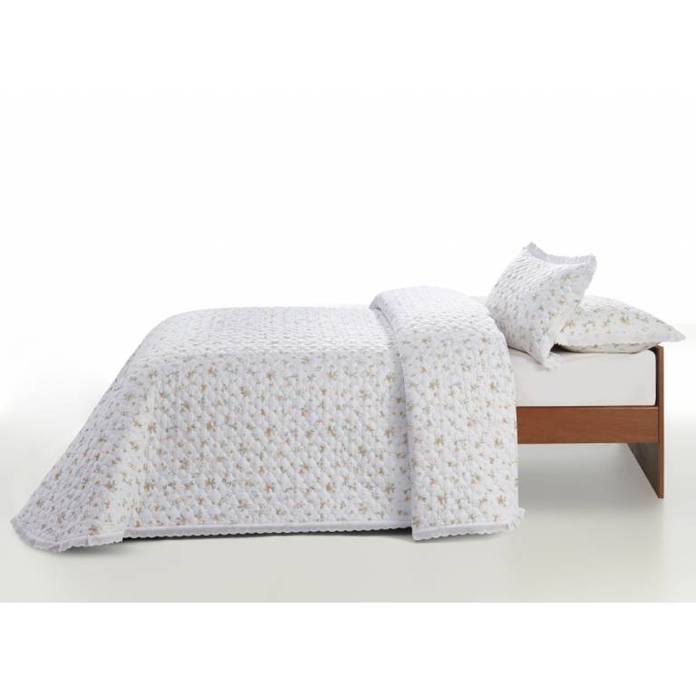 CONJUNTO COLCHA BOUTI ESTAMPADO DE FLOR PEQUEÑA Y FUNDAS DE COJIN beige