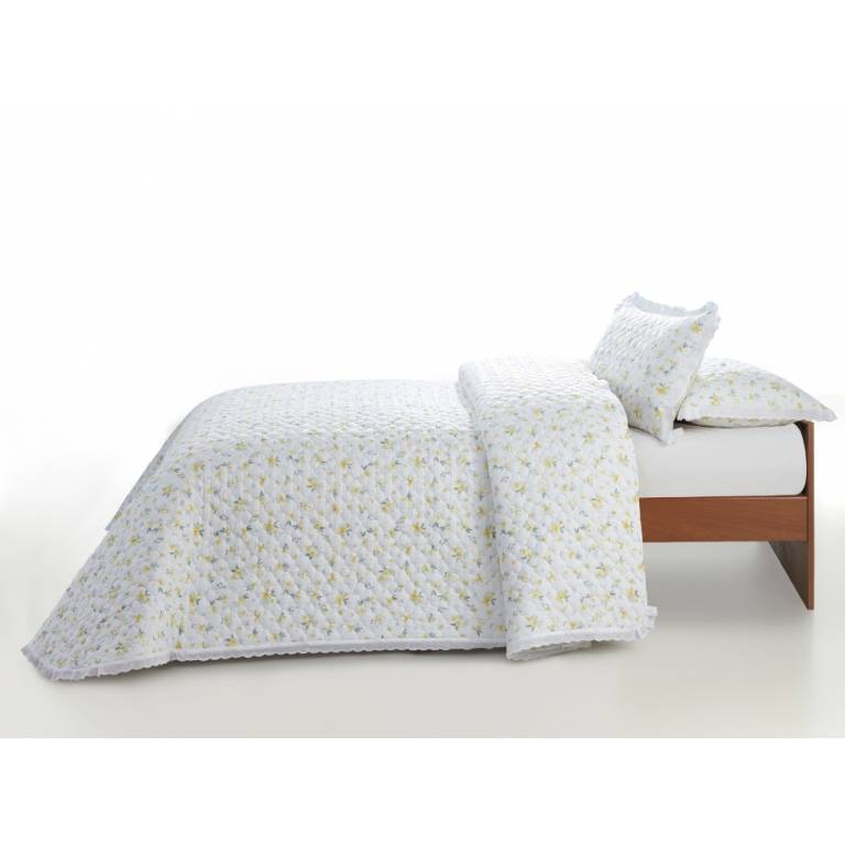 CONJUNTO COLCHA BOUTI ESTAMPADO DE FLOR PEQUEÑA Y FUNDAS DE COJIN (amarillo, Cama 090:180x270)