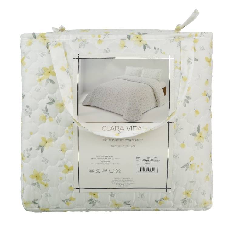 CONJUNTO COLCHA BOUTI ESTAMPADO DE FLOR PEQUEÑA Y FUNDAS DE COJIN (amarillo, Cama 090:180x270)