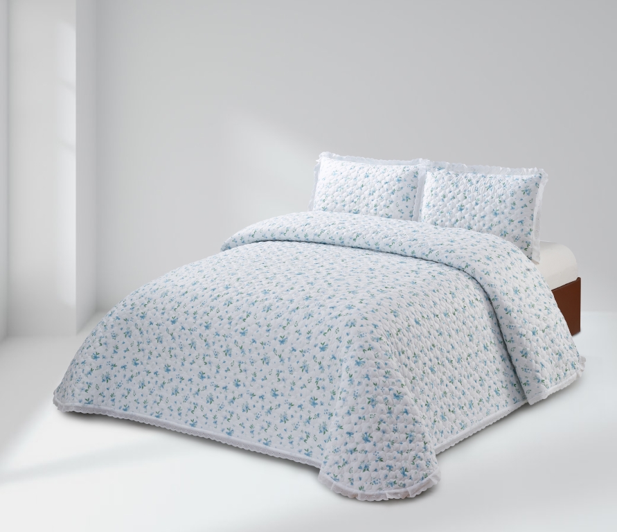 CONJUNTO COLCHA BOUTI ESTAMPADO DE FLOR PEQUEÑA Y FUNDAS DE COJIN (azul, Cama 135:235x270)