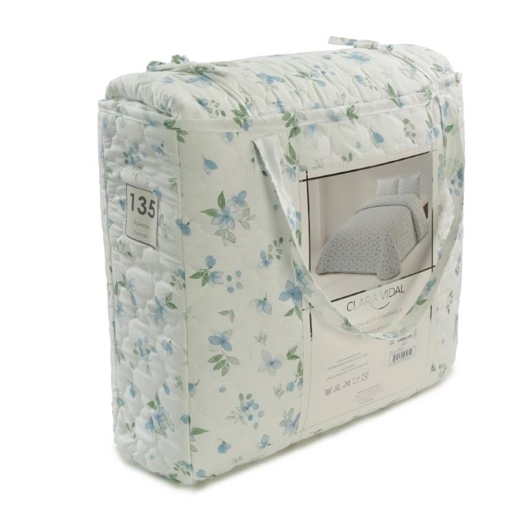 CONJUNTO COLCHA BOUTI ESTAMPADO DE FLOR PEQUEÑA Y FUNDAS DE COJIN (azul, Cama 135:235x270)