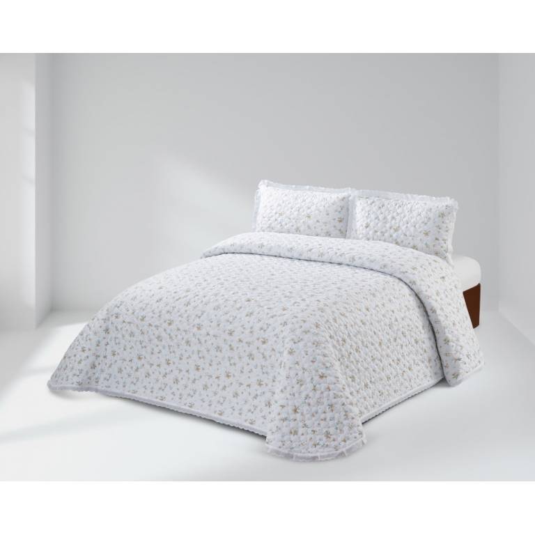 CONJUNTO COLCHA BOUTI ESTAMPADO DE FLOR PEQUEÑA Y FUNDAS DE COJIN (beige, Cama 090:180x270)