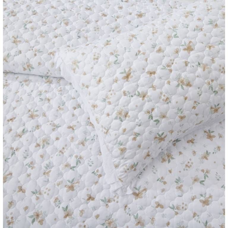 CONJUNTO COLCHA BOUTI ESTAMPADO DE FLOR PEQUEÑA Y FUNDAS DE COJIN (beige, Cama 090:180x270)