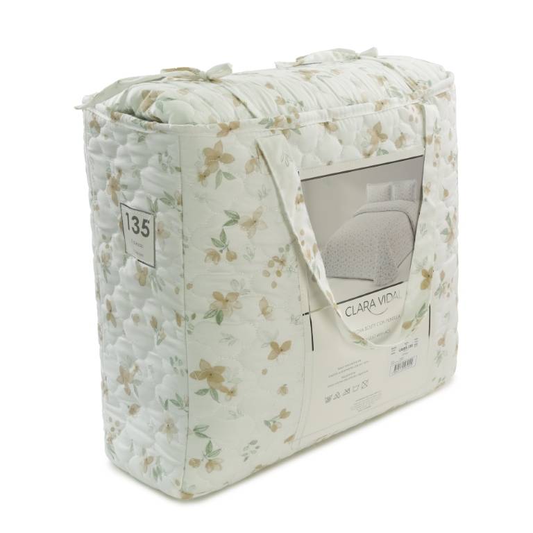 CONJUNTO COLCHA BOUTI ESTAMPADO DE FLOR PEQUEÑA Y FUNDAS DE COJIN (beige, Cama 090:180x270)