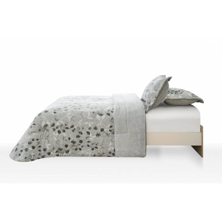 CONJUNTO EDREDÓN ESTAMPADO HOJAS CON BORREGUILLO (gris, Cama 180:280x270)