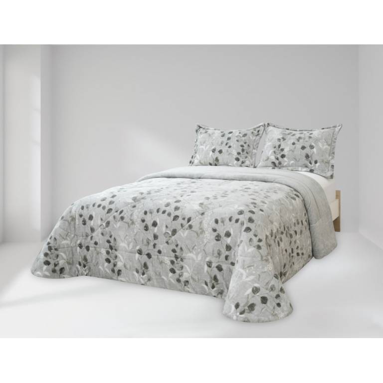 CONJUNTO EDREDÓN ESTAMPADO HOJAS CON BORREGUILLO (gris, Cama 180:280x270)