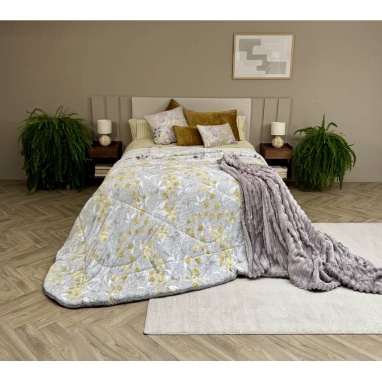 CONJUNTO EDREDÓN ESTAMPADO HOJAS CON BORREGUILLO (oro, Cama 180:280x270)