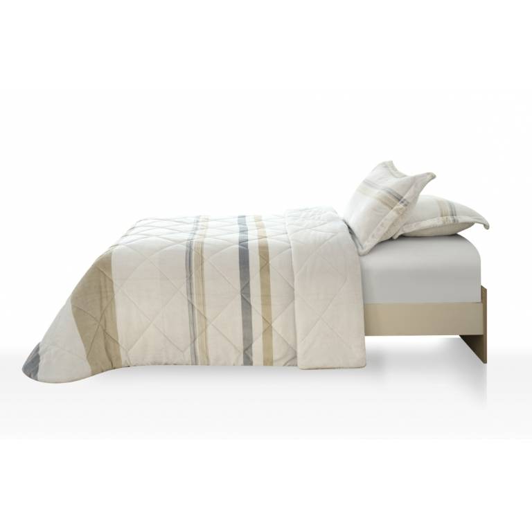 CONJUNTO EDREDÓN ESTAMPADO RAYAS CON BORREGUILLO (mostaza, Cama 090:180x270)