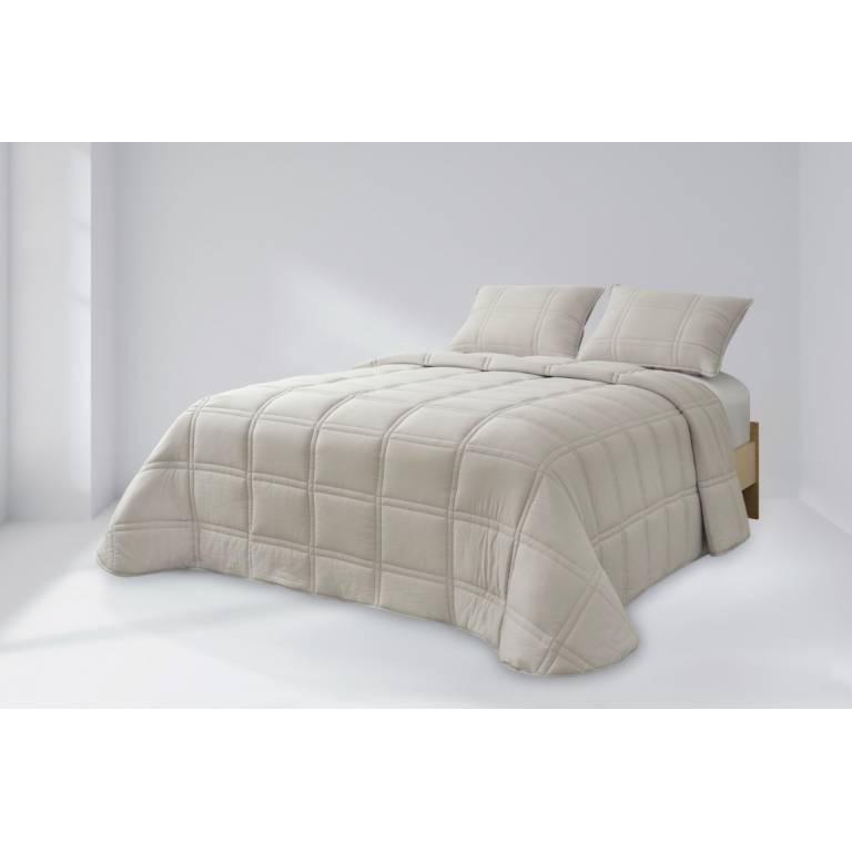 CONJUNTO EDREDÓN BORDADO GEOMÉTRICO Y FUNDAS DE COJÍN (beige, Cama 135:235x270)