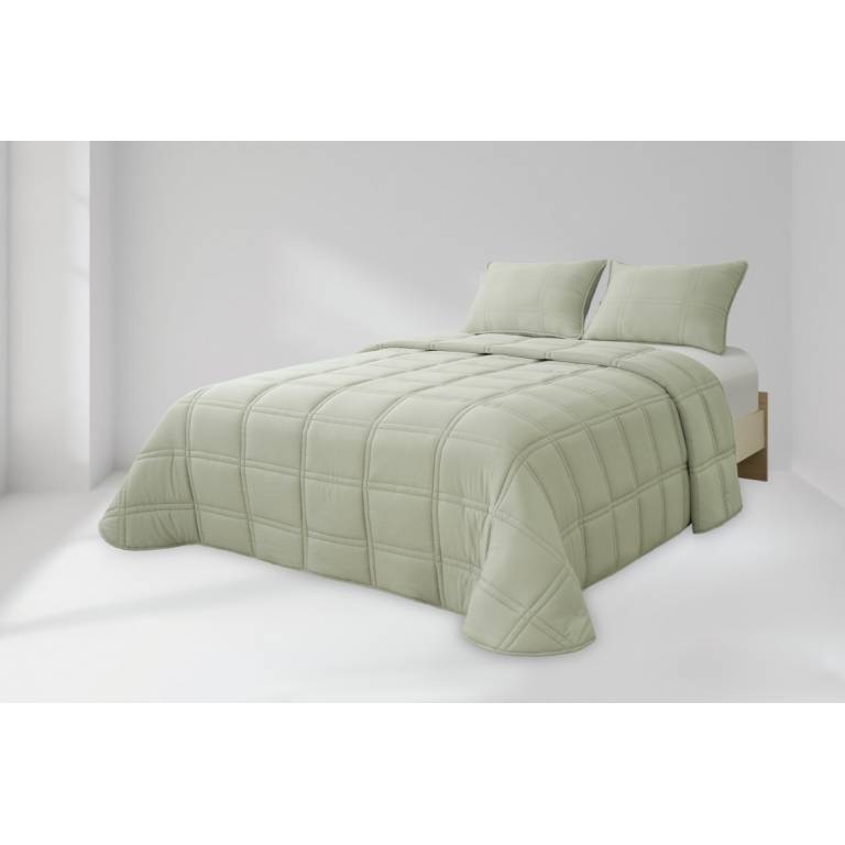 CONJUNTO EDREDÓN BORDADO GEOMÉTRICO Y FUNDAS DE COJÍN (verde, Cama 180:280x270)