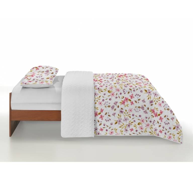 CONJUNTO COLCHA BOUTI ESTAMPADO DE FLORES Y FUNDAS DE COJÍN