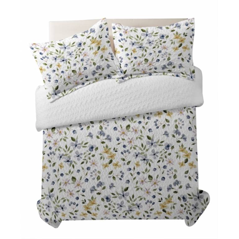 CONJUNTO COLCHA BOUTI ESTAMPADO DE FLORES Y FUNDAS DE COJÍN (azul, Cama 135:235x270)