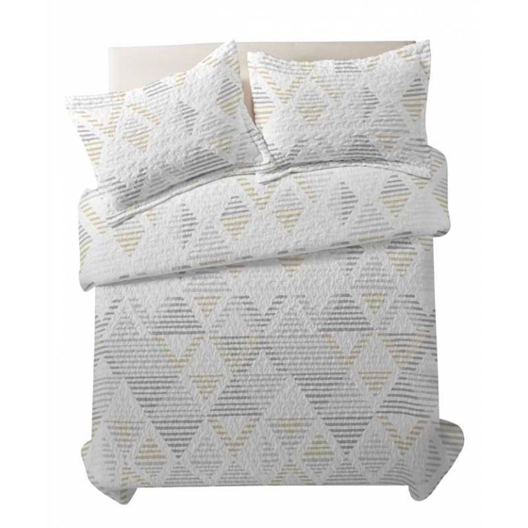 CONJUNTO COLCHA BOUTI ESTAMPADO GEOMETRICO Y FUNDAS DE COJÍN (amarillo, Cama 090:180x270)