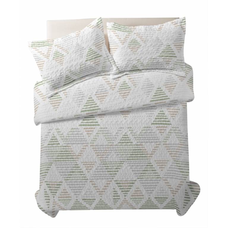 CONJUNTO COLCHA BOUTI ESTAMPADO GEOMETRICO Y FUNDAS DE COJÍN (verde, Cama 090:180x270)