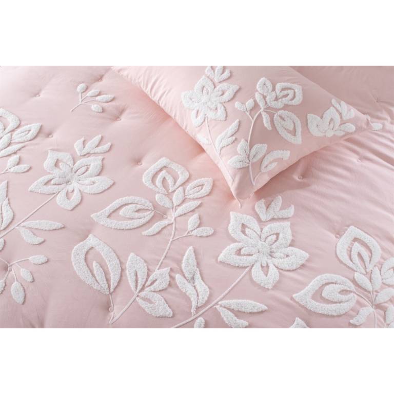 CONJUNTO EDREDÓN BORDADO DE FLORES BORDADAS EN RELIEVE (rosa, Cama 090:180x270)