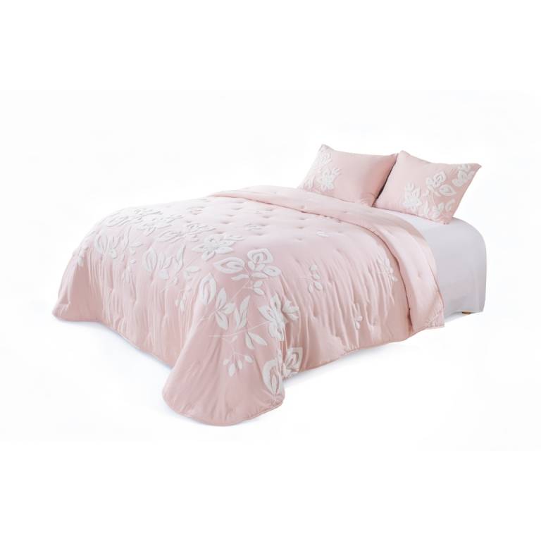 CONJUNTO EDREDÓN BORDADO DE FLORES BORDADAS EN RELIEVE (rosa, Cama 090:180x270)