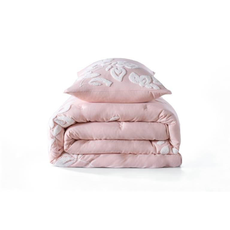 CONJUNTO EDREDÓN BORDADO DE FLORES BORDADAS EN RELIEVE (rosa, Cama 090:180x270)