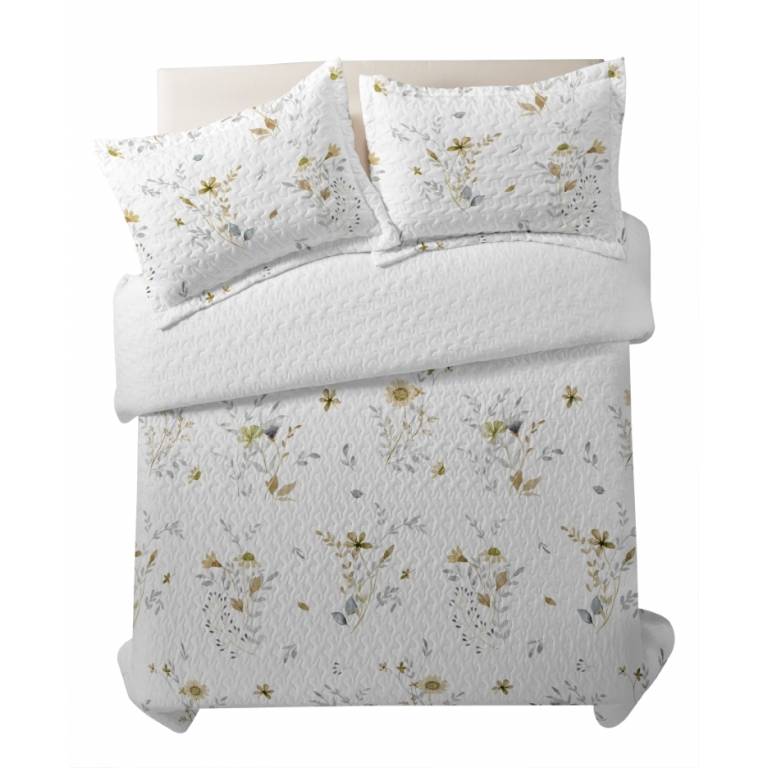 CONJUNTO COLCHA BOUTI ESTAMPADO DE FLORES Y FUNDAS DE COJÍN (amarillo, Cama 090:180x270)