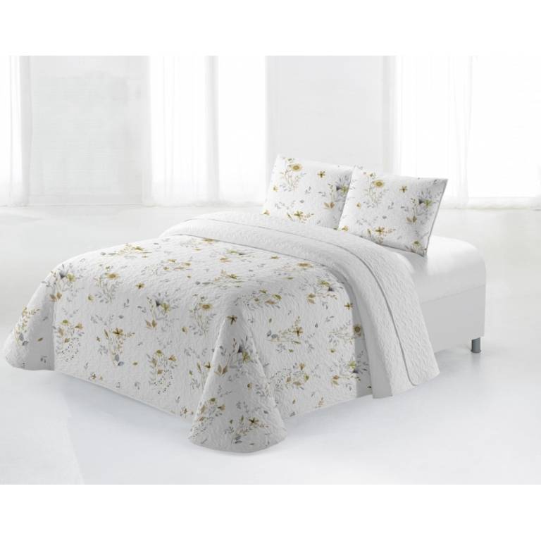CONJUNTO COLCHA BOUTI ESTAMPADO DE FLORES Y FUNDAS DE COJÍN (amarillo, Cama 090:180x270)