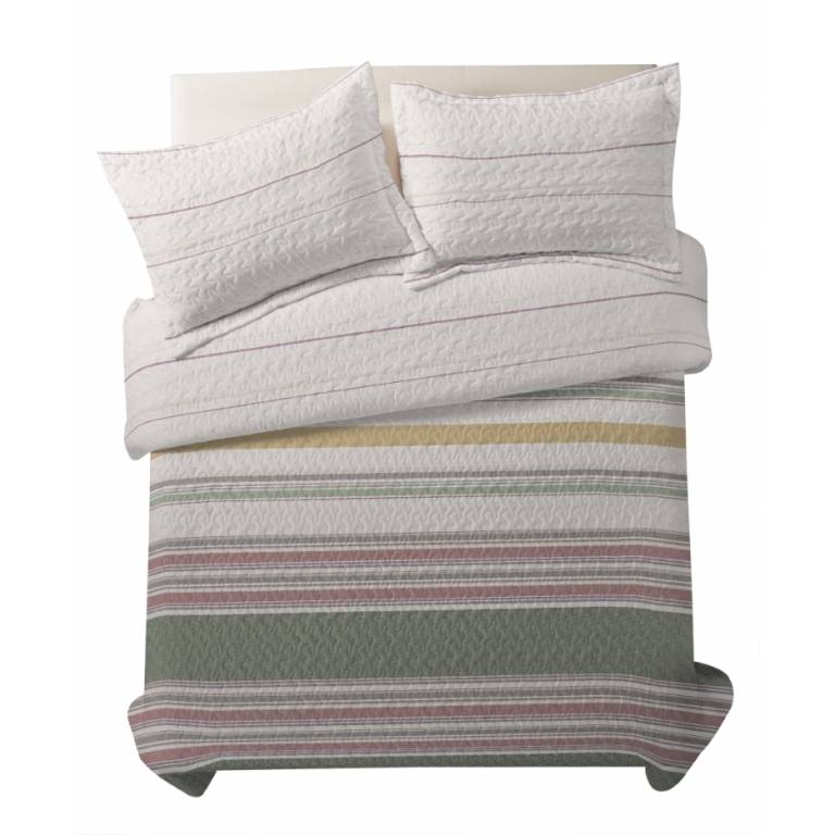 CONJUNTO COLCHA BOUTI ESTAMPADO DE RAYAS Y FUNDAS DE COJÍN (verde, Cama 090:180x270)